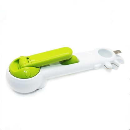 Universal 6-in-1 kitchen tool for opening jars, cans, and bottles in white and green