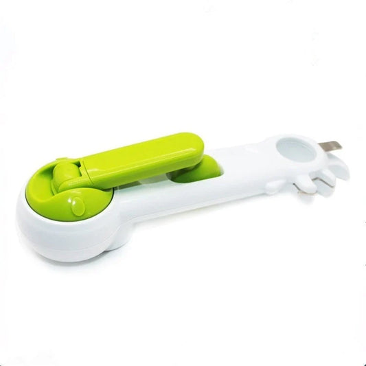 Universal 6-in-1 kitchen tool for opening jars, cans, and bottles in white and green