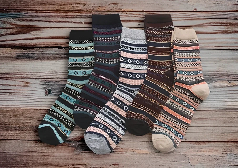 Pack of 5 thick stripe wool blend socks in various colours, featuring 15% rabbit hair for winter warmth, fitting sizes 39-42
