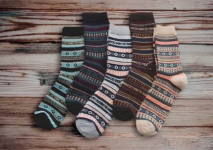 Pack of 5 thick stripe wool blend socks in various colours, featuring 15% rabbit hair for winter warmth, fitting sizes 39-42