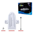 White PS5 Slim charging stand with cooling fan and RGB ambient lights on the base.