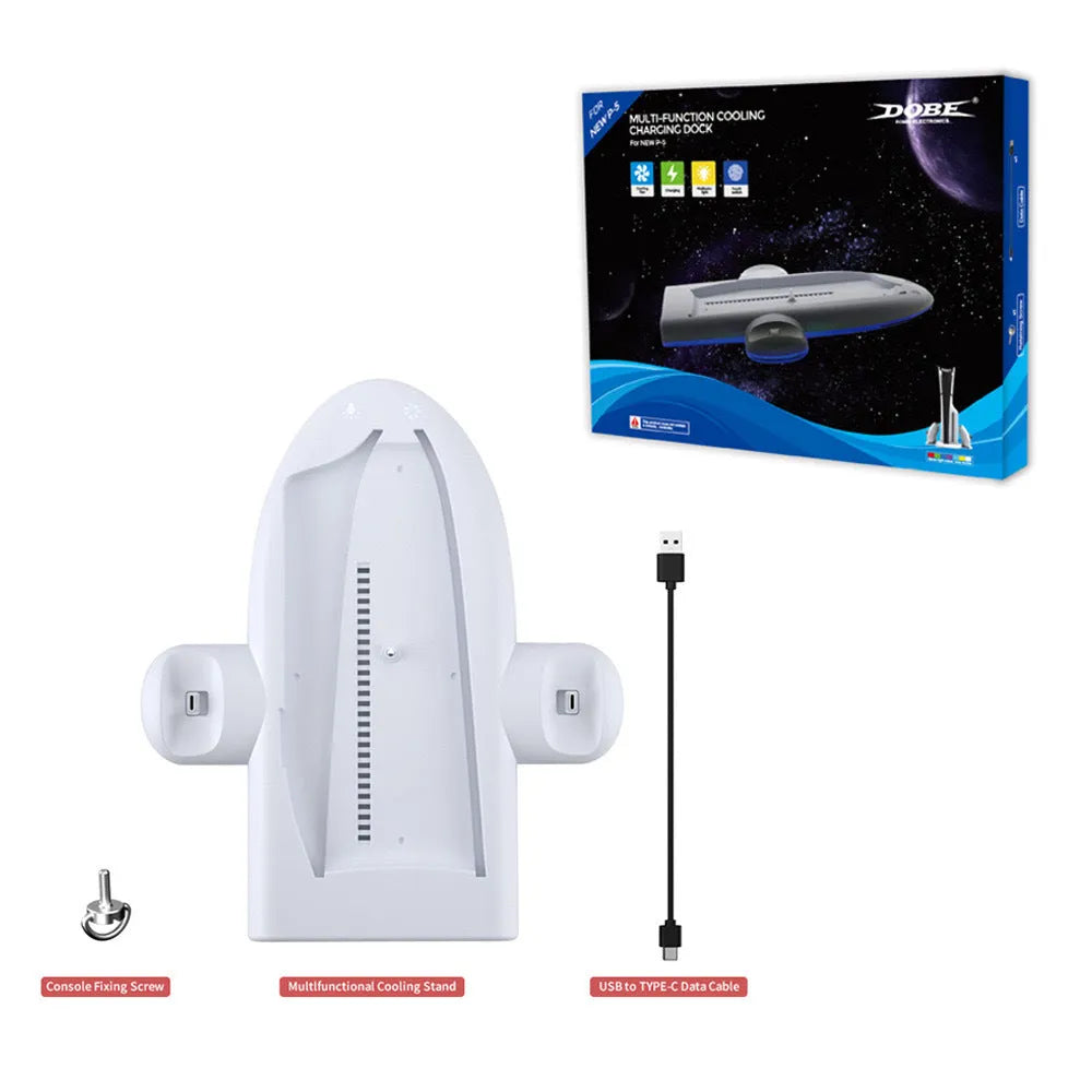 White PS5 Slim charging stand with cooling fan and RGB ambient lights on the base.