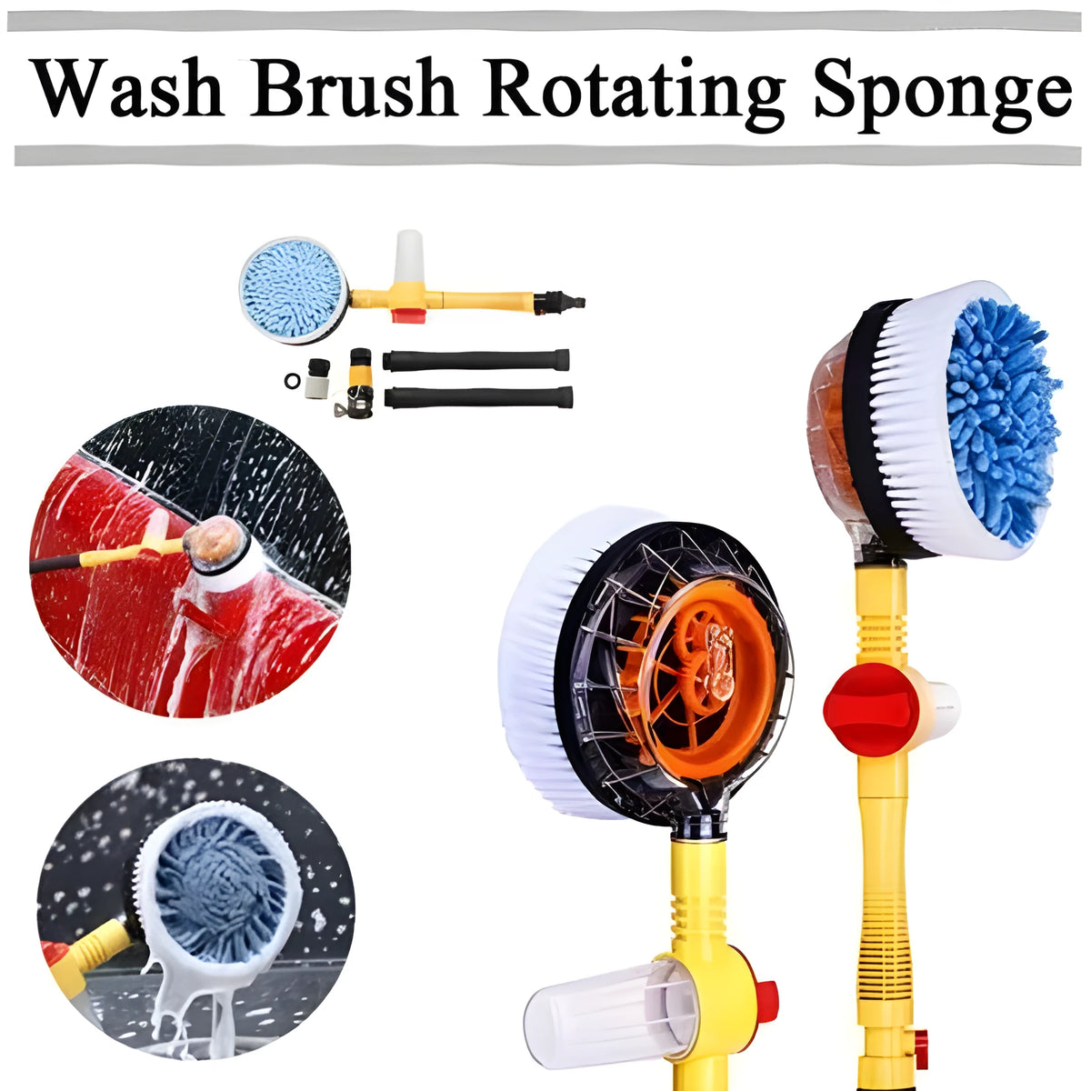 Yellow and black car wash brush spinner with chenille rotary head on a vehicle, 105cm length