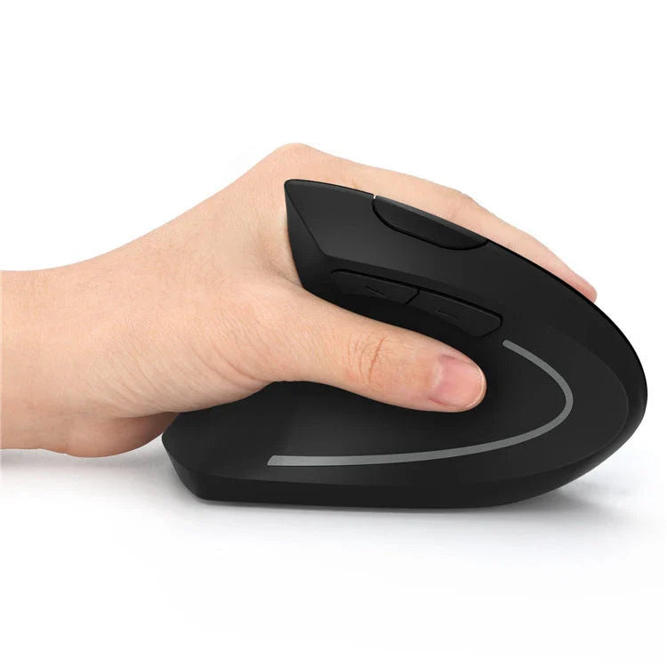 Ergonomic vertical wireless mouse in black and brown with 6 buttons and 10m range