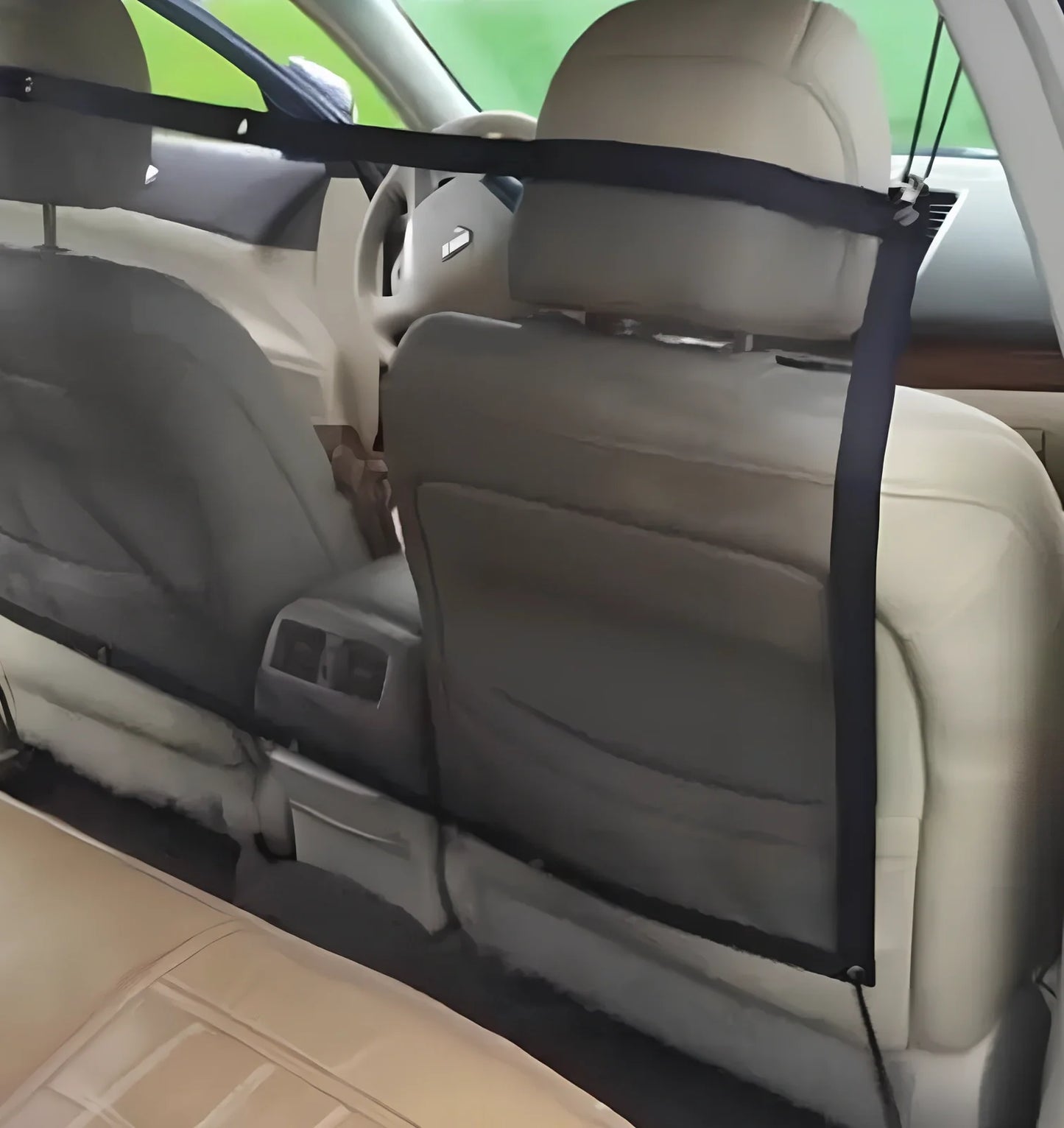 115cm x 62cm vehicle pet barrier with black micro-mesh and elastic straps installed in car