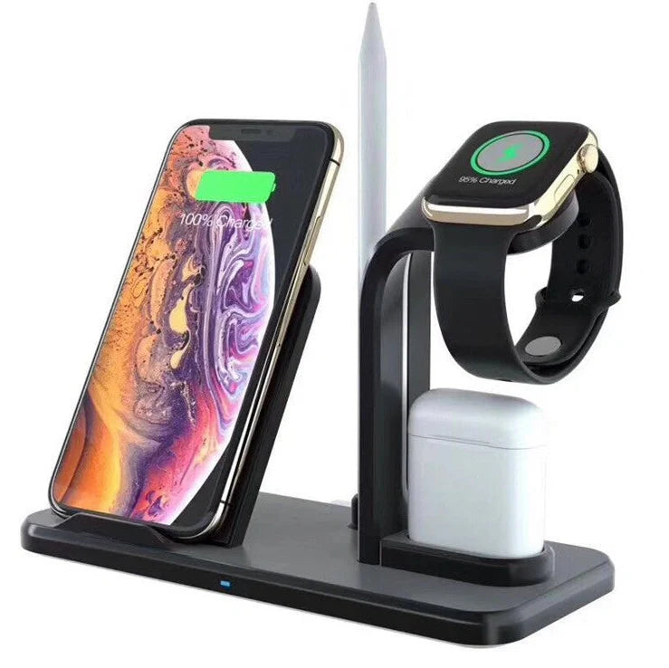 Black wireless charger bracket showing phone charging position with 10W output and dual USB ports