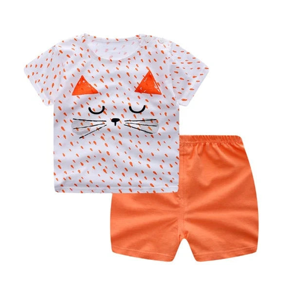 Cotton cartoon T-shirt and pants set for infants, available in various playful designs and sizes from 73cm to 110cm