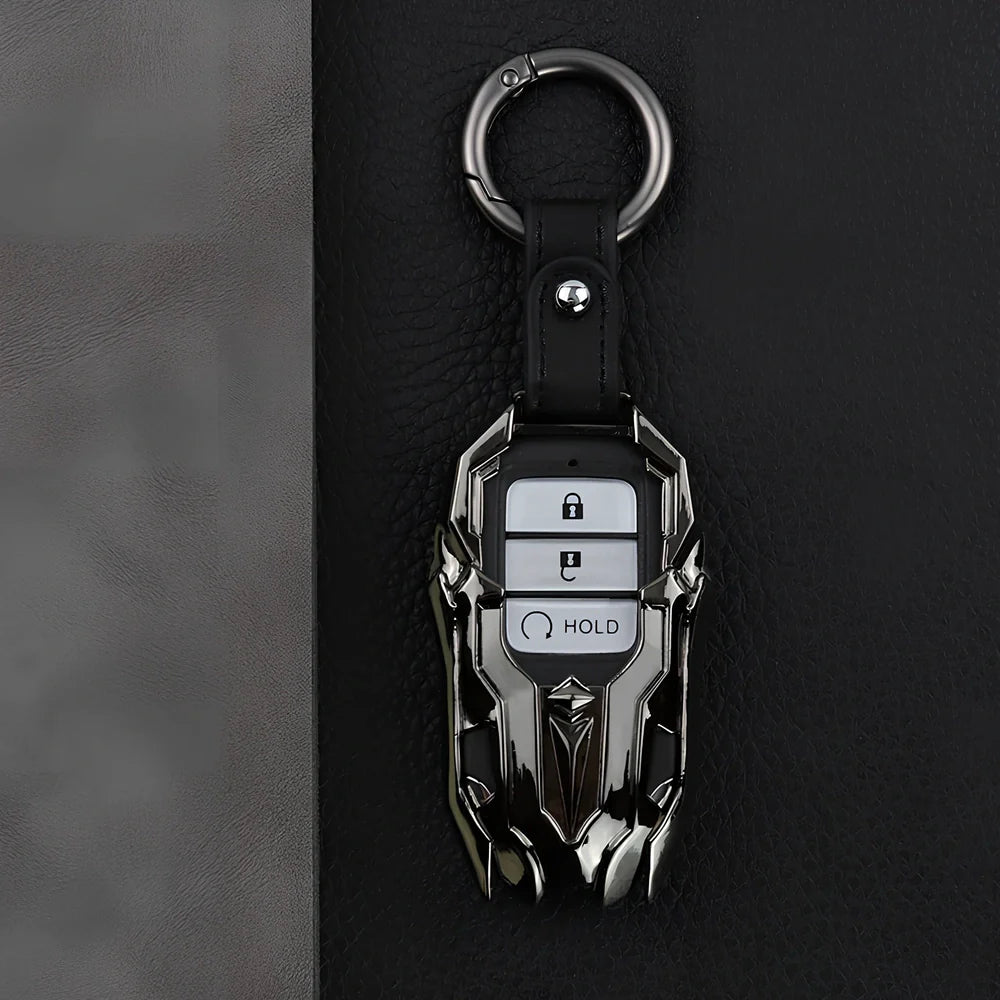 Black zinc alloy car key cover, 6 cm long, protecting fob from fading with signal-safe design