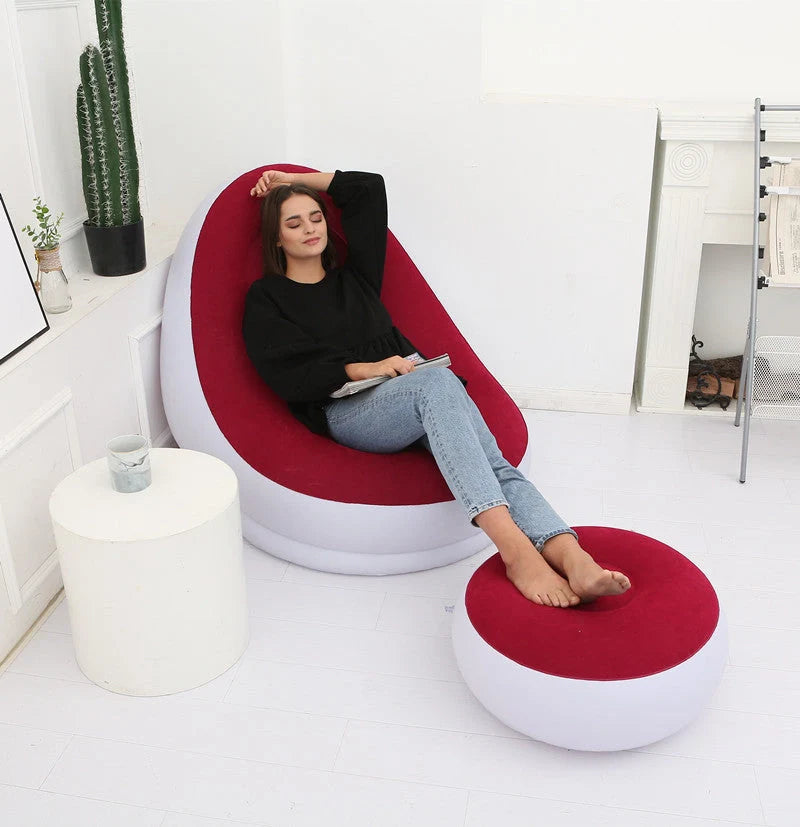 Inflatable flocking sofa in various colours, showcasing ergonomic design and portability