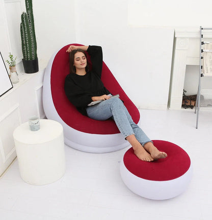 Inflatable flocking sofa in various colours, showcasing ergonomic design and portability