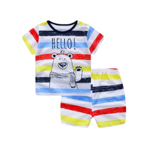 Cotton cartoon T-shirt and pants set for infants, available in various playful designs and sizes from 73cm to 110cm