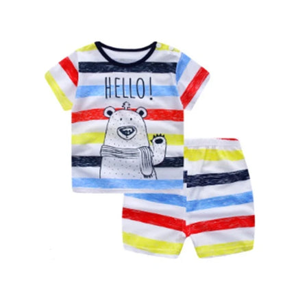 Cotton cartoon T-shirt and pants set for infants, available in various playful designs and sizes from 73cm to 110cm
