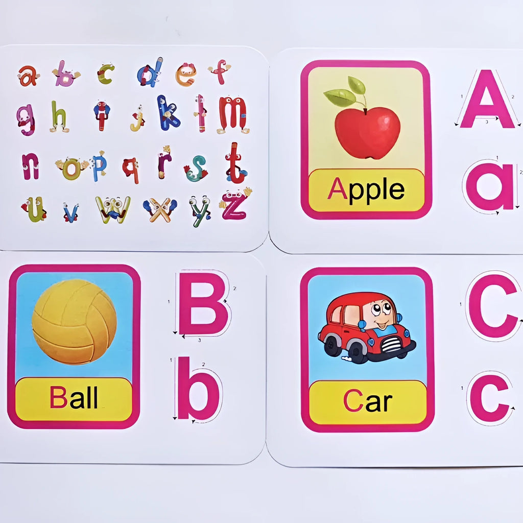 28 paper children's recognition literacy cards covering English and number learning laid out on a flat surface