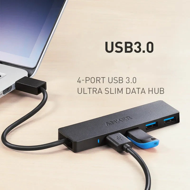 Black Anker 4-port USB 3.0 hub with 20cm cable showing compact 30x107mm dimensions