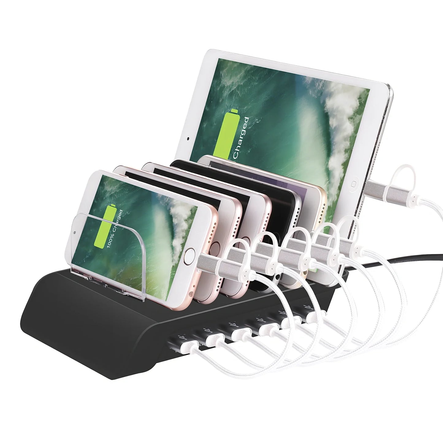 Six-port USB mobile phone charging stand with black finish showing six device slots and 150cm power cord
