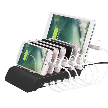 Six-port USB mobile phone charging stand with black finish showing six device slots and 150cm power cord