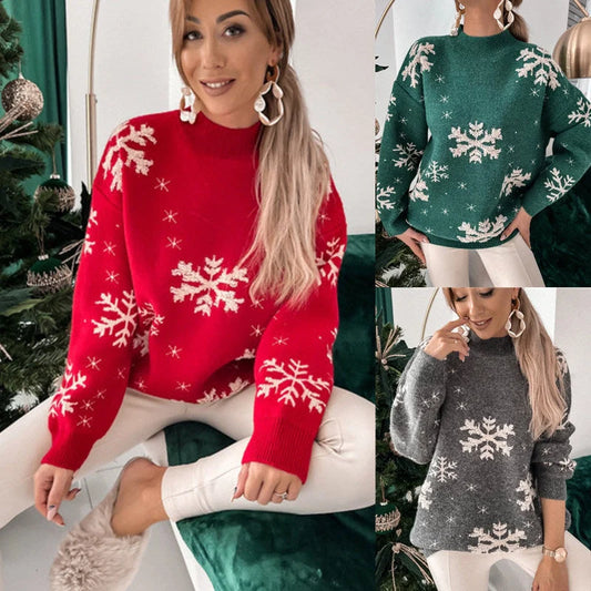 Women's Christmas snowflake print knitted sweater in red, green, and grey