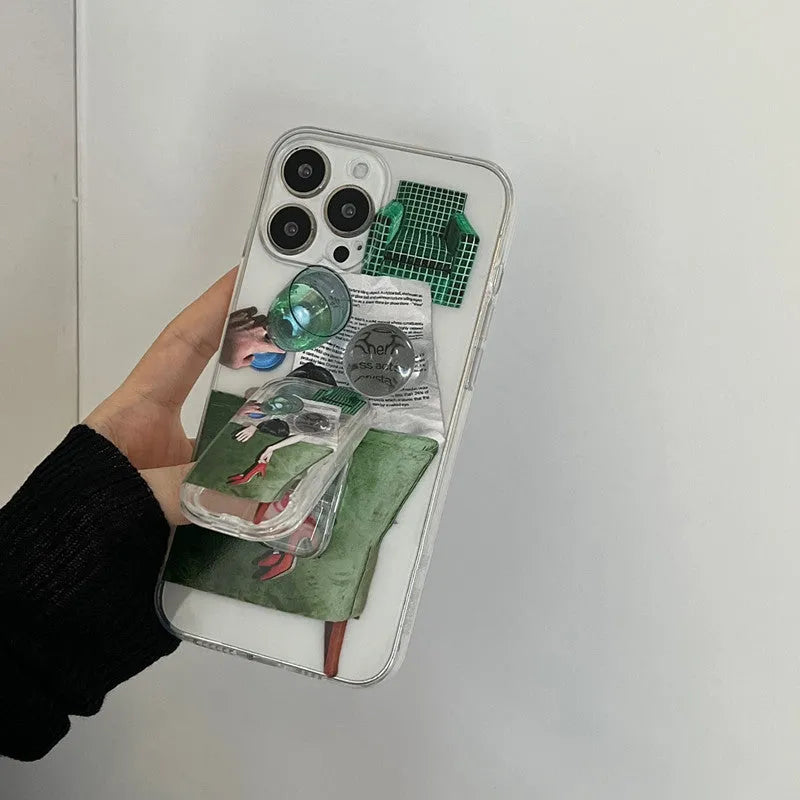 New illustration anti drop silicone phone case for iPhone with push pull bracket option