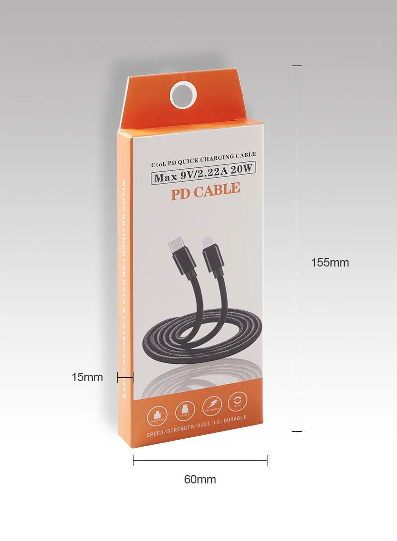 Black braided PD data cable 1 metre with 20W fast charge support for 8PIN devices