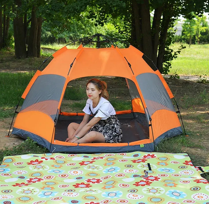 Automatic hexagonal multi-person double-layer outdoor camping rain tent in green with carbon fiber poles
