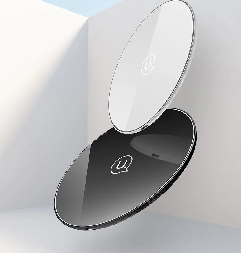 Glass wireless charging disc with LED indicator in black and white options
