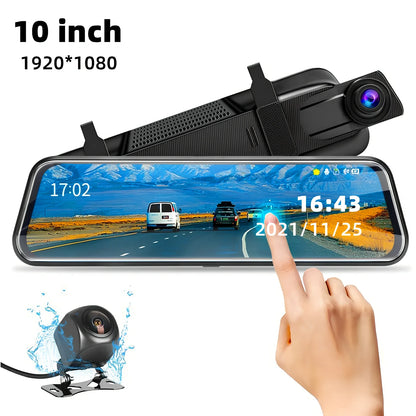 10-inch dual recording dash cam mounted as rearview mirror with 170-degree front and rear cameras