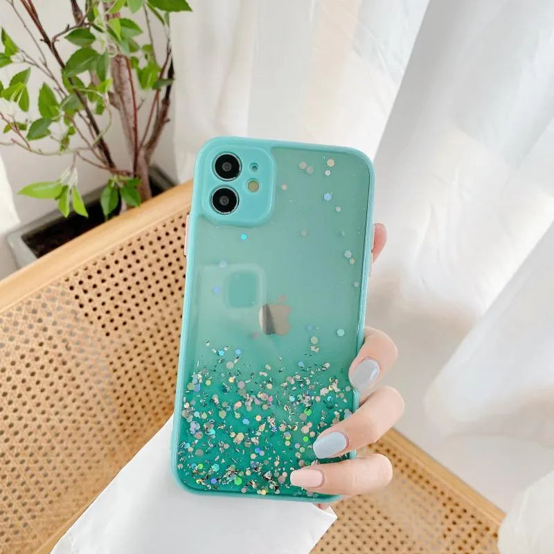 Silicone back cover for iPhone with frosted marble IMD finish and epoxy glitter gradient in multiple colours
