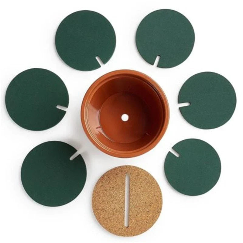 Green cactus-shaped coaster mat set with flowerpot holder for table protection and decoration