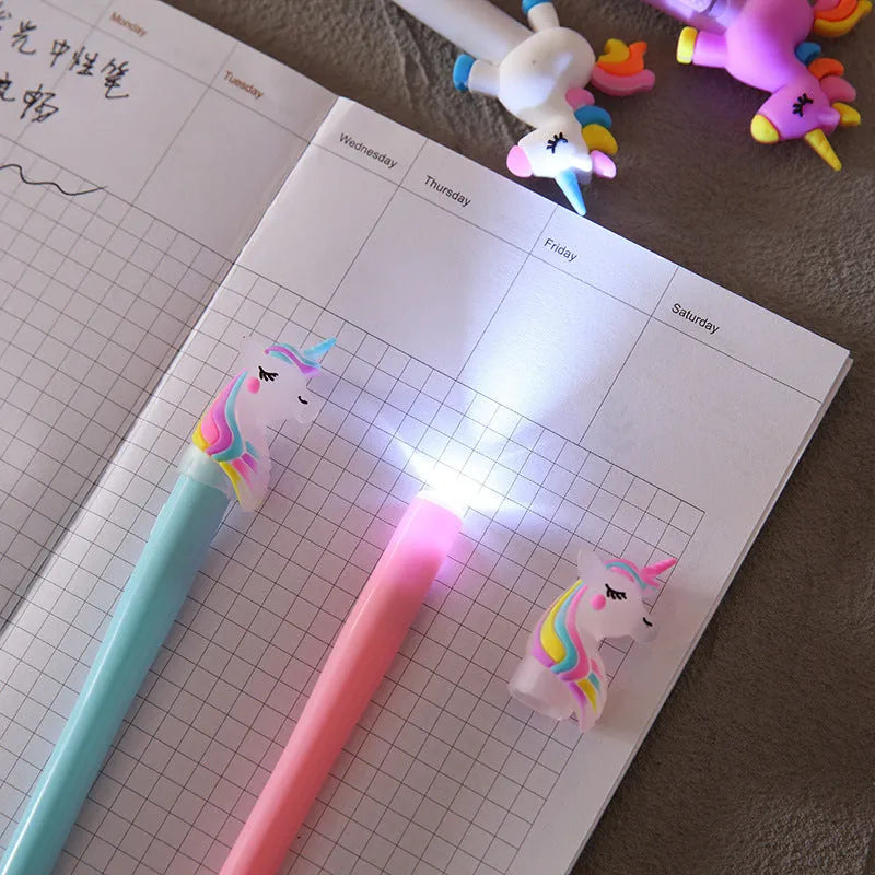 Glow in the dark stationery pen set with 0.5mm tip, plastic shell, designs of Bear, Unicorn, and Pony