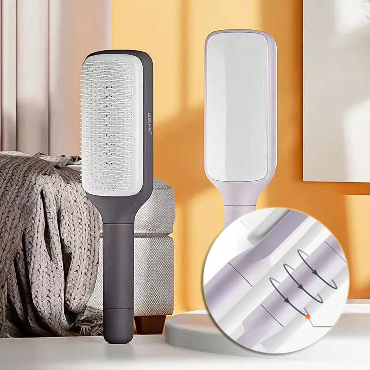 Purple and grey self-cleaning hair brush with rotate handle mechanism for anti-static massage combing