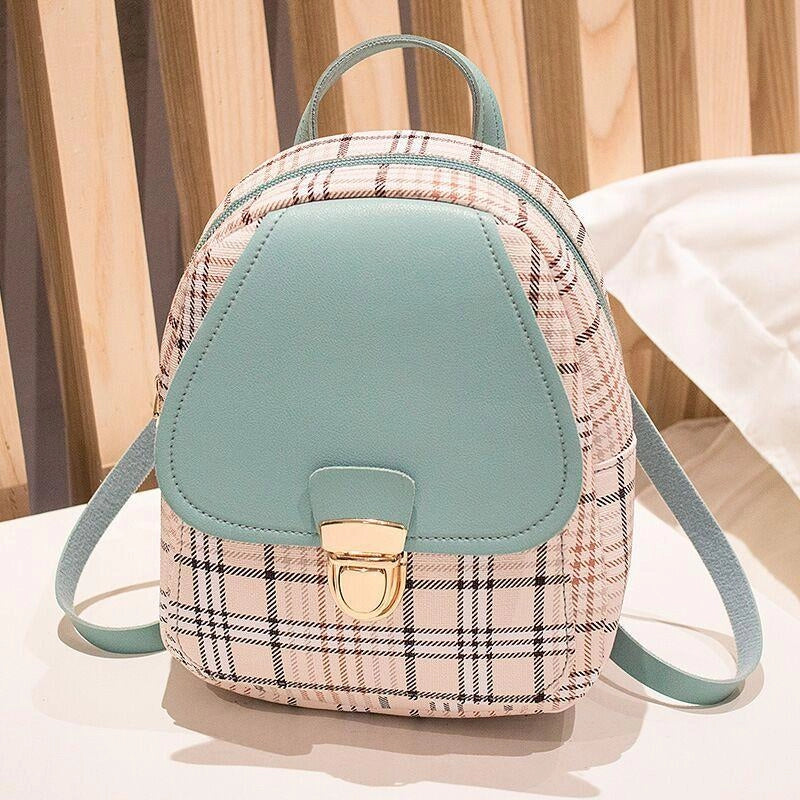 Ladies plaid small backpack in various colors, showing front and side views