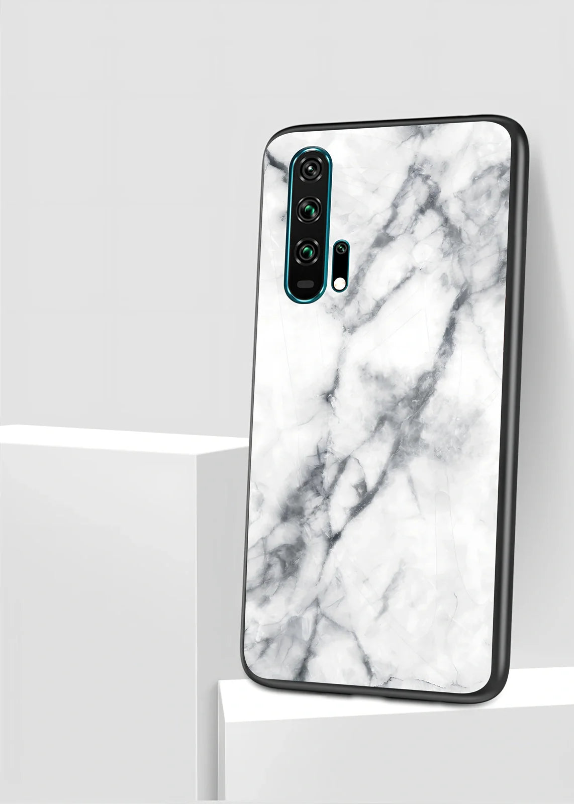 Black marble anti-fall phone case for Honor 20 with tempered glass back and silicone edges, showing grip texture and colour options
