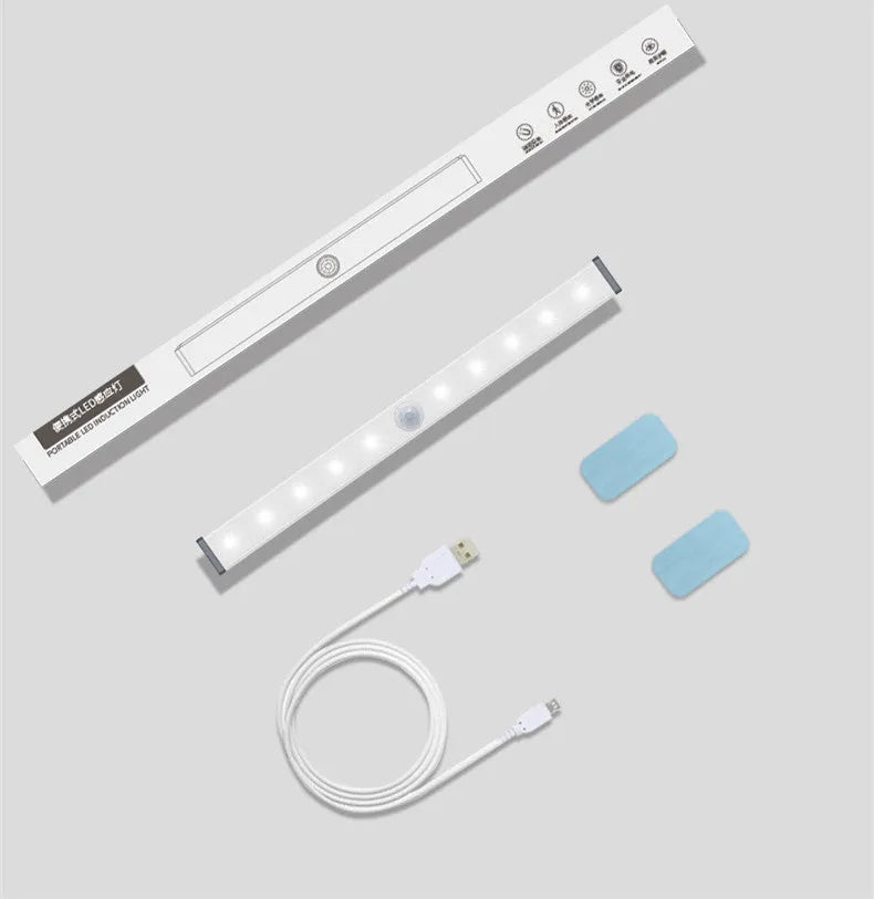 Aluminium magnetic LED closet light with motion sensor on a wardrobe shelf.