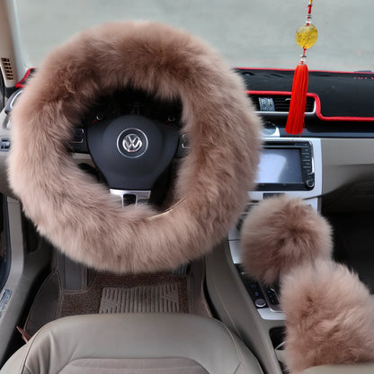 Three-piece wool steering wheel cover showing universal 38cm diameter fit with wool-cashmere blend material