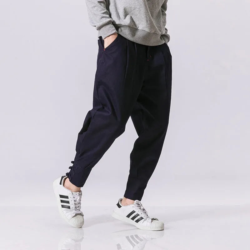 Men's cotton blended casual trousers with mouth buckle and button placket in black, blue, and grey sizes S to 5XL