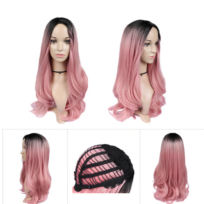 Women long curly blonde ombre wig with black roots, 61cm length, synthetic heat-resistant fibre for cosplay