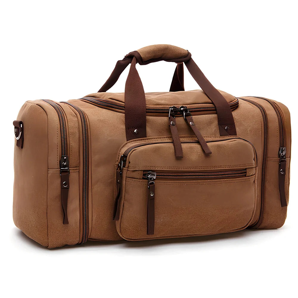 Men's canvas travel bag in army green with waterproof breathable canvas, soft handle, and cotton lining for dry travel packing