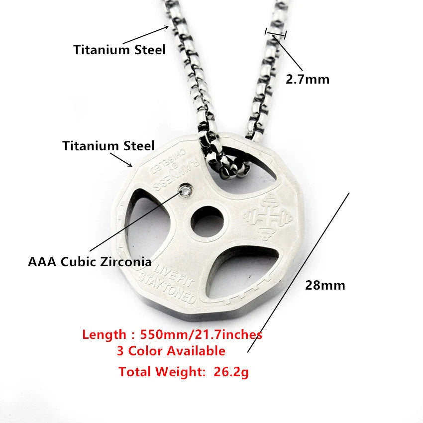 Men's titanium steel barbell necklace with geometric pendant in gold, silver, and black