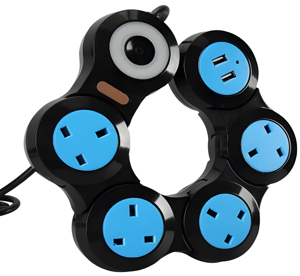 White black UK power strip with five sockets, two USB ports, rotating design and 4m cable