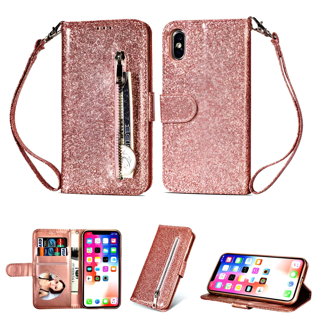 Black PU leather zipper wallet case for iPhone with card slots visible and zip open.