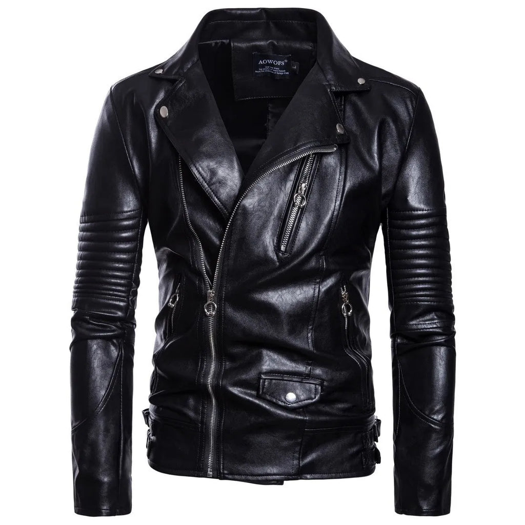 Men's black sheepskin leather jacket with suit collar and front zipper, fit-style edition for daily wear