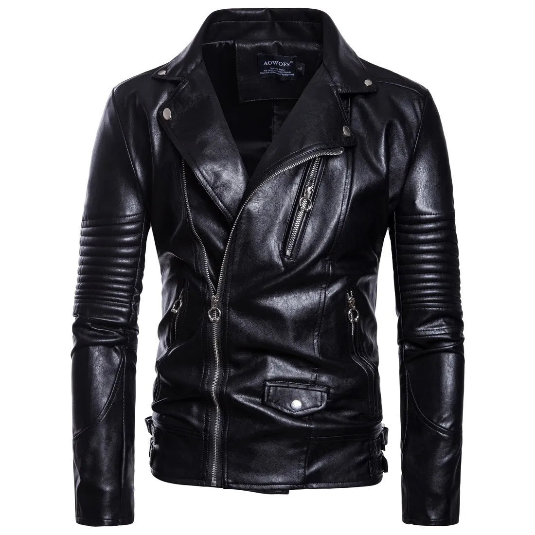 Men's black sheepskin leather jacket with suit collar and front zipper, fit-style edition for daily wear