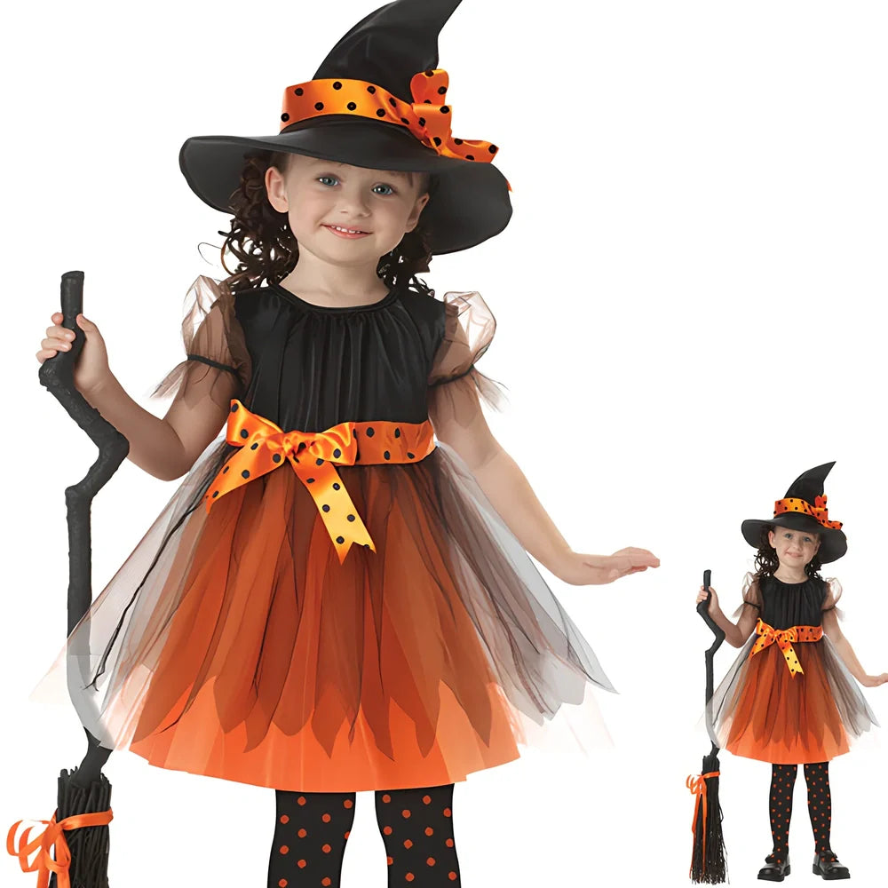 Child witches role play costume in purple linen, 90% composition, sizes 50-160cm with bat accessory option