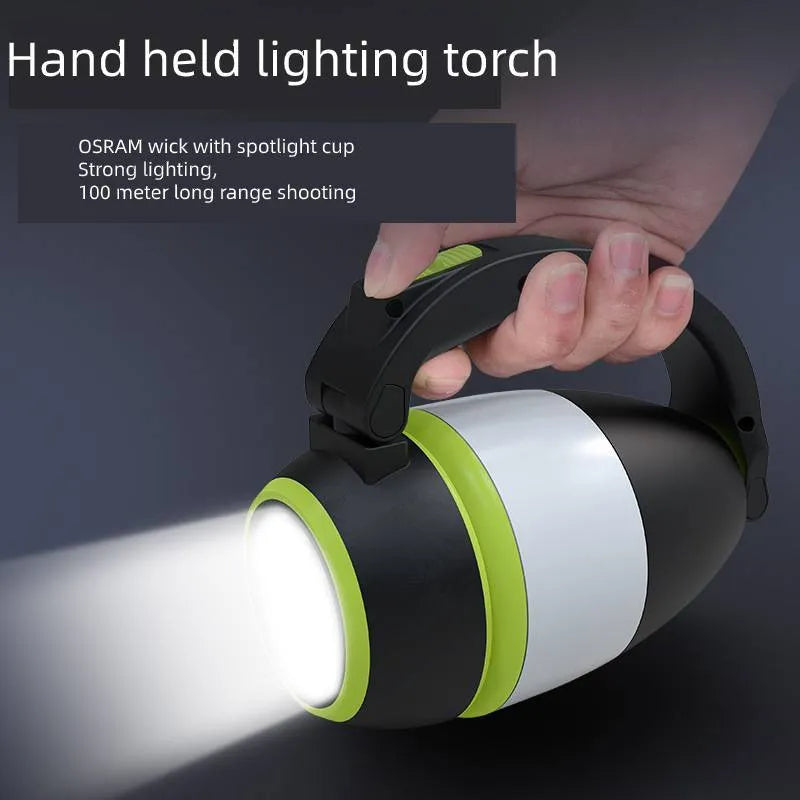 Black green multifunctional LED table lamp showing adjustable head and USB charging port.