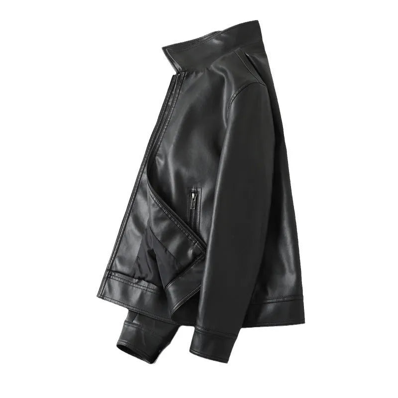 Men's black PU leather casual jacket with a zipper pocket on a hanger.