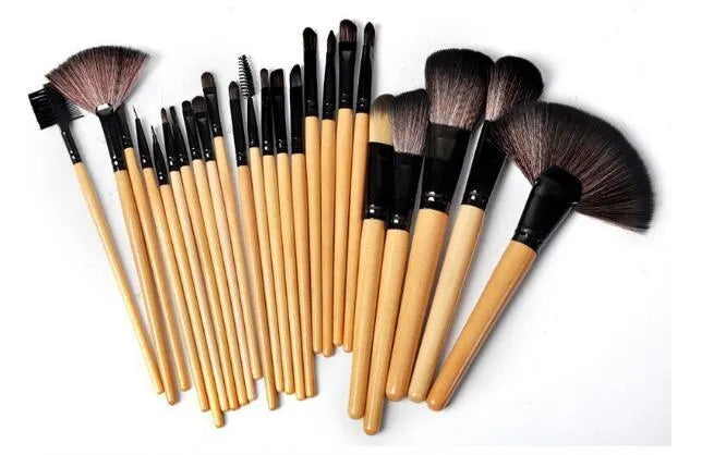 24 professional makeup brushes with wooden handles in a black PU carrying case