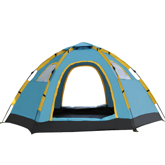 6-8 person quick pitch camping tent with double doors and four windows showing interior space
