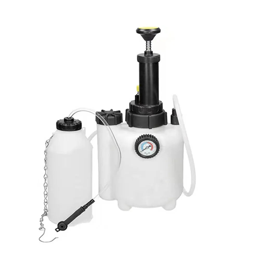 White 3-litre automotive brake fluid tank and bleeding tool with copper and iron components.