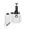 White 3-litre automotive brake fluid tank and bleeding tool with copper and iron components.