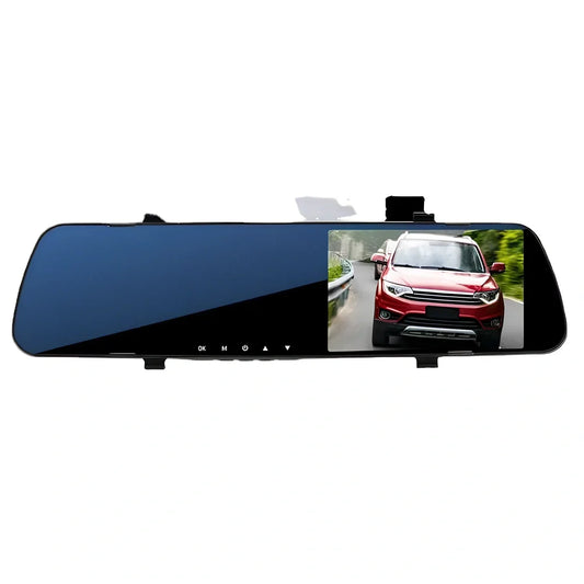 1080P HD rearview mirror driving recorder with 30cm x 8cm size, dual lenses, and motion detection display